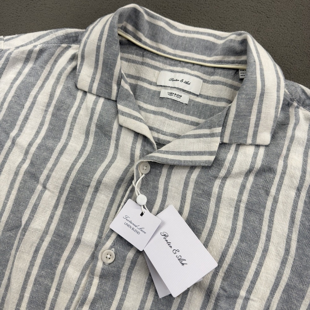 NWT Porter & Ash Retro Open Collar Linen Blend Camp Shirt Mens S Blue Striped
